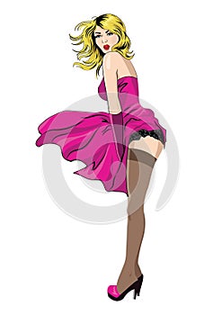 Pin up woman with fluttering pink dress, girl dressed in retro style in stockings. Vector Illustration.