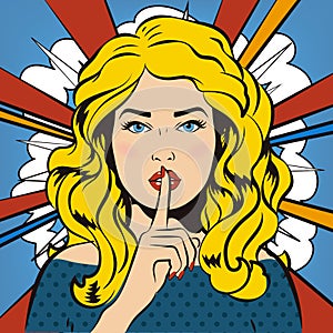 Pin up woman putting her forefinger to her lips for quite silence. Pop art comics style. Vector illustration. Pop art girl says sh photo