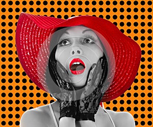 Pin-up woman with red hat and lips
