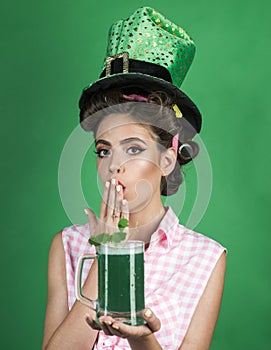 Pin up woman with trendy makeup. pinup girl with fashion hair. retro woman drink summer cocktail. St. Patricks Day