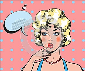 Pin up woman wondering. Pop art retro comic blond beauty