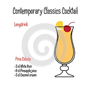 Pina colada alcoholic cocktail vector illustration recipe isolated