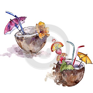 Pina colada bar party cocktail drink. Alcohol in glass set, restaurant menu illustration.