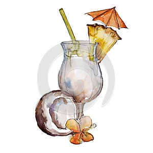 Pina colada bar party cocktail drink. Nightclub isolated icon sketch drawing.