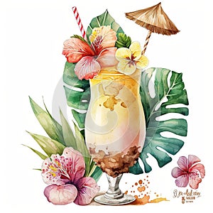 Pina Colada Classic Cocktail Watercolor Clipart, Isolated on White Background - Generative AI