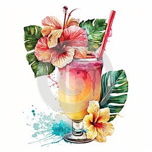 Pina Colada Classic Cocktail Watercolor Clipart, Isolated on White Background - Generative AI