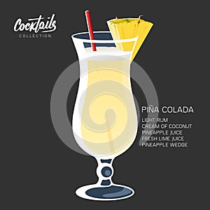 Pina Colada cocktail drink glass straw pineapple illustration