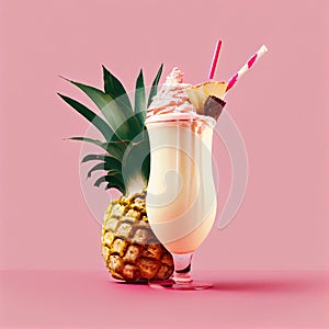 Pina Colada Cocktail on Pink Background, Tropical Mocktail, Party Coctail, Abstract Generative AI Illustration