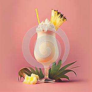 Pina Colada Cocktail on Pink Background, Tropical Mocktail, Party Coctail, Abstract Generative AI Illustration