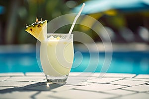 Pina Colada cocktail on poolside by pool. Generative AI illustration