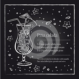 Pina colada cocktail recipe description with ingredients. Vector sketch outline hand drawn illustration