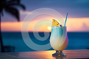 Pina Colada cocktail on sunset tropical scenery background. Generative AI illustration