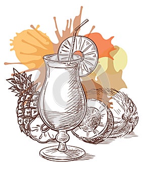 Pina Colada cocktail vector sketch