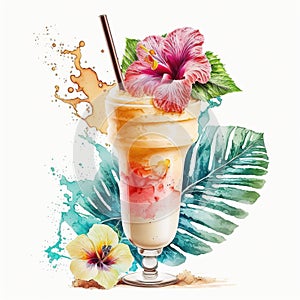 Pina Colada Cocktail Watercolor Clipart, Isolated on White Background - Generative AI