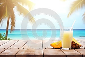 Pina colada cocktail on wooden table and paradisiacal beach with the sea in the background. Copy space. Ai generative