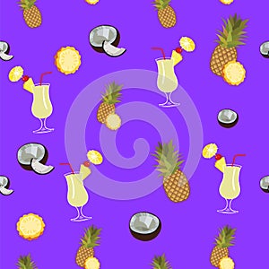 Pina Colada purple vector seamless pattern. Pineapple, coconut and Pina Colada