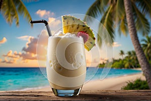 A Pina Colada with a slice of pineapple and straw on a wooden table with a tropical beach background.