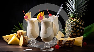 Pina Coladas on wooden bench surrounded with pineapple, dark and moody