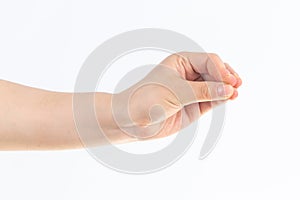 Pinching the hand in front of white background