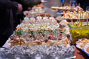 Pinchos and tapas typical of the Basque Country, Spain. Selection of different types of foods to choose from. San Sebastian