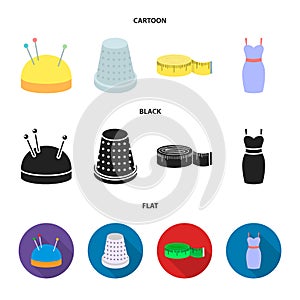 Pincushion with pins, thimble, centimeter, dress.Atelier set collection icons in cartoon,black,flat style vector symbol