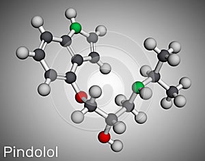 Pindolol molecule. It is nonselective beta adrenergic receptor blocker, used to treat hypertension, edema. Molecular model. 3D photo