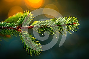 A pine branch with water droplets on it photo