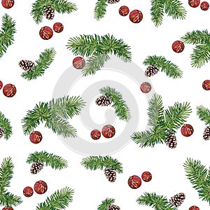 Pine branches with cones and Christmas balls. White background. Vector illustration.
