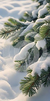 Pine branches in the snow on a new morning The coldness of winter