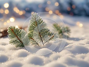 Pine branches in the snow on a new morning The coldness of winter and the contrast of the branches and warm sunlight