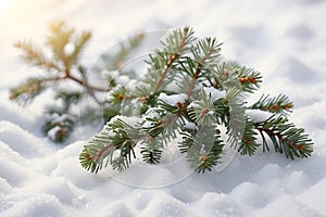 Pine branches in the snow on a new morning