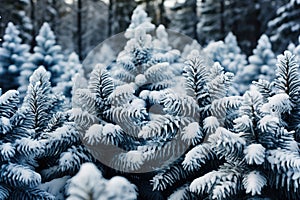 Pine branches whitened with snow. Winter pattern background photo