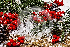 Pine bumps and branches with red rowan on an old snow-covered table