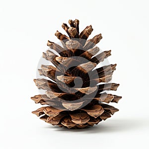A pine cone is displayed against a plain white background. It features a symmetrical