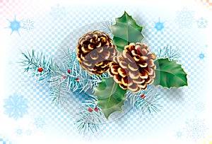 Pine cone, holly ilex and pine tree branch