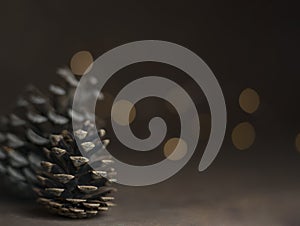 Pine cone isolated on light background. Holiday glowing backdrop. Defocused background with blinking light. Blurred