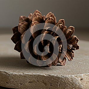 A pine cone rests on a textured stone surface. The cone is brown, with overlapping