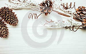 Pine cones and christmas decorations on white wooden background. Copy space