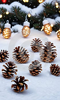 Pine Cones And Christmas Lights Casting Reflections On The Snowy Groun. Generative AI