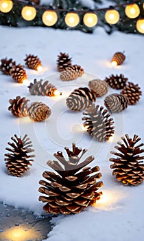 Pine Cones And Christmas Lights Casting Reflections On The Snowy Groun. Generative AI