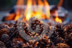 Pine cones on a fire in the forest