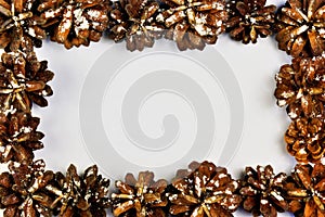 Pine cones-frame for design. Cones - the fruits of coniferous trees on a white background, photo frame and Christmas winter