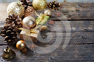 Pine cones with gold christmas decoration with copy space