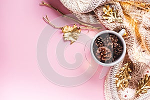 Pine cones in a gray enameled cup, flatlay