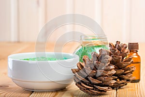 Pine cones and sea salt for bathing with pine extract