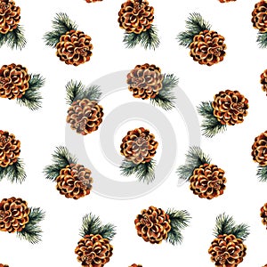 Pine cones seamless pattern on a white background.