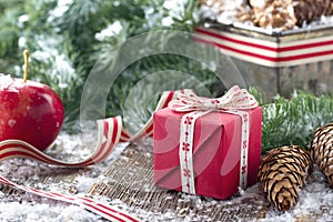 Pine cones, Xmas present and spruce tree branches