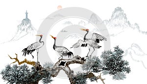 pine crane year-end ink painting Chinese painting