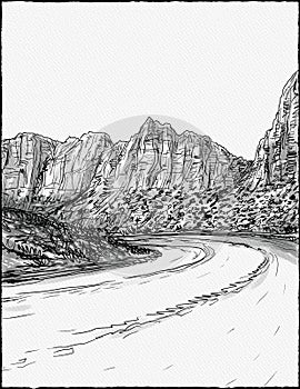 Pine Creek Canyon in Zion National Park Along Zion Park Blvd in Springdale Utah Pen and ink drawing photo