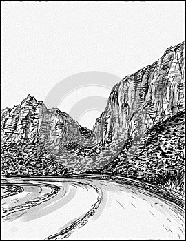 Pine Creek Canyon in Zion National Park Along Zion Park Blvd in Springdale Utah Pen and ink drawing